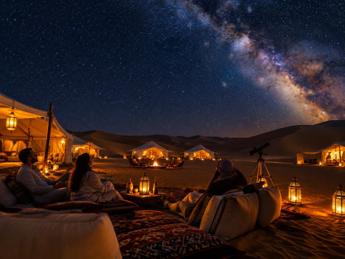 Lantern-lit Liwa camp beneath the Milky Way