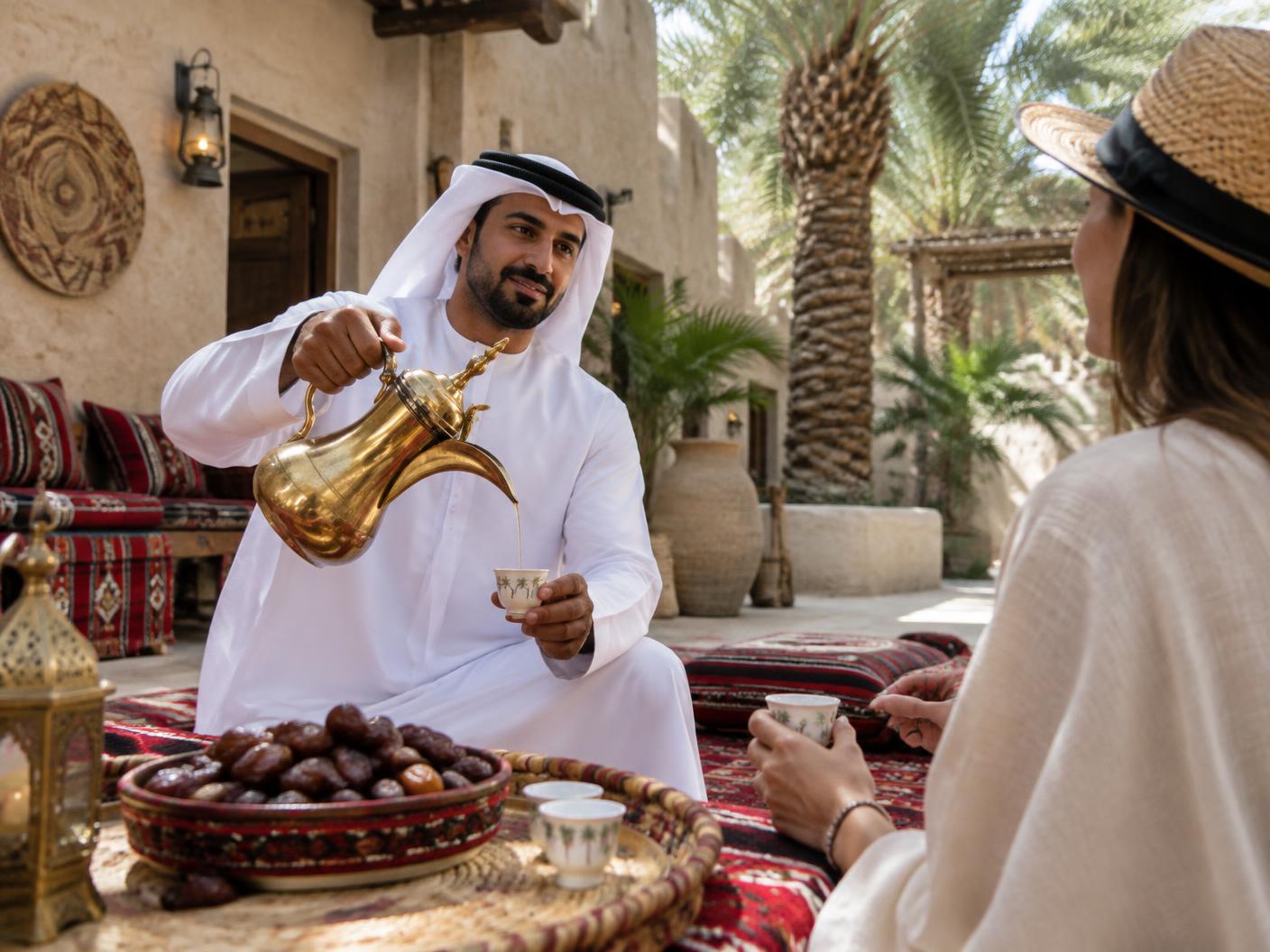 Emirati hospitality with Arabic coffee and dates